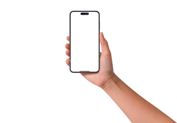 Hand holding smartphone with blank screen isolated. Premium high quality studio shot. Concept for technology, business, finance and advertising.	
