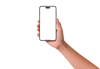 Hand holding smartphone with blank screen isolated. Premium high quality studio shot. Concept for technology, business, finance and advertising.	
