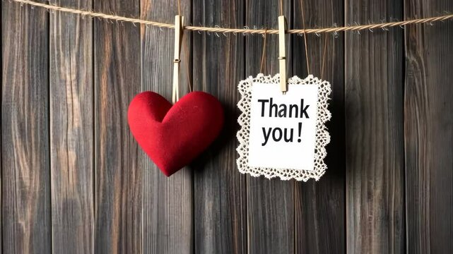 A heartfelt display of gratitude featuring a vibrant red heart and a sincere thank you note, all set against a warm wooden background in a cozy ambiance