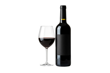 A classic wine bottle with a smooth black label and matching glass filled with dark red liquid isolated on transparent background 
