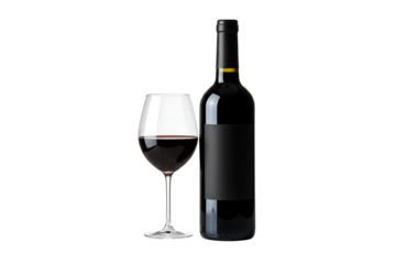 A classic wine bottle with a smooth black label and matching glass filled with dark red liquid isolated on transparent background 
