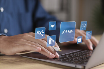 Job Fair concept. Employee recruitment and onboarding program. occupational, applicants, recruit, and hiring. Person use laptop with job fair icons on virtual screen.