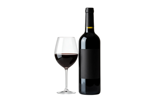 A classic wine bottle with a smooth black label and matching glass filled with dark red liquid isolated on transparent background 