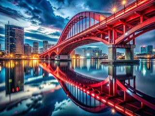 Obraz premium Surreal Osaka Minato Bridge: Dreamlike Red Bridge at Night, Japan
