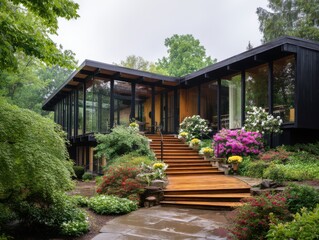 modern house with black glass walls and wooden steps leading to the garden, surrounded by lush greenery and colorful flowers
