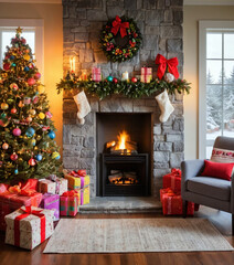 Cozy Christmas Living Room with Fireplace, Decorated Tree, and Colorful Wrapped Gifts Celebrating Holiday Spirit and Warm Festive Atmosphere — Generative AI