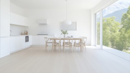 Fototapeta premium Modern minimalist kitchen and dining area with large windows