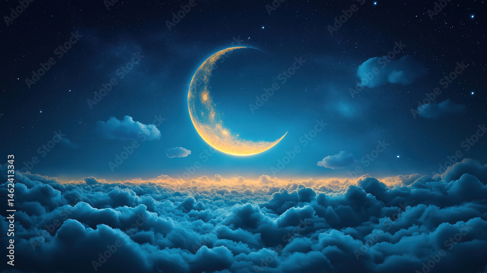 Canvas Prints fluffy clouds and a glowing crescent moon shining brightly against a starry sky background