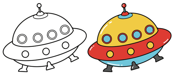 Spaceship Line Art Vector Outline Illustration Black and White with Coloring Sample