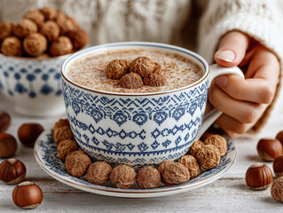 Warm Beverage in Ceramic Cup with Nut Topping - Cozy Coffee Morning Ritual