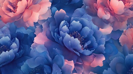 Fototapeta premium Delicate, vibrant floral pattern of peonies in shades of blue and pink