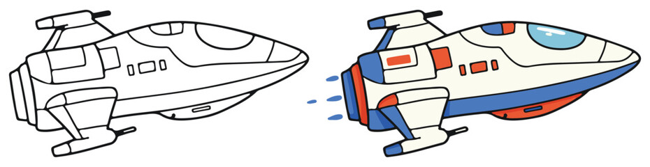 Spaceship Line Art Vector Outline Illustration Black and White with Coloring Sample