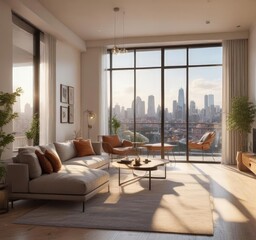 Fototapeta premium Sun-drenched modern living room with city view balcony , architecture, sunlight