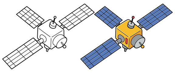 Satellite Line Art Vector Outline Illustration Black and White with Coloring Sample