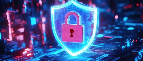 Glowing digital shield with a lock futuristic graphic design