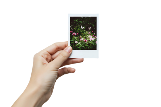 hand holding photo frame, A hand holds a polaroid picture of flowers isolated on transparent background 