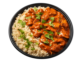 Chicken tikka masala with rice on a plate isolated on transparent background