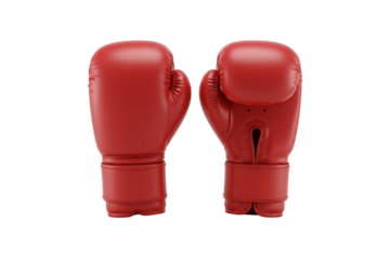 bright red boxing gloves positioned together, isolated on transparent background 
