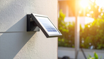 Solar powered energy light mounted on wall, harnessing sunlight to illuminate outdoor spaces. This eco friendly lighting solution enhances ambiance and provides safety at night