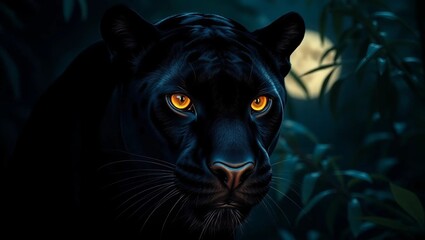 Majestic Black Panther with Glowing Amber Eyes in Dark Jungle