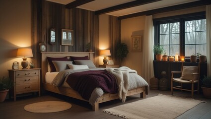 Obraz premium A rustic bedroom with exposed beams, a wooden bed with a handmade quilt, stone accents, a vintage chest, woven rug, and natural light streaming through large windows adorned with simple curtains.