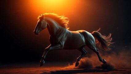 Powerful Galloping Horse with Flowing Mane and Dark Background
