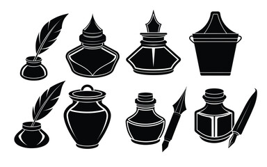 Classic Ink Bottles & Quills Vector Set & silhouette – Minimalist Vintage Writing Tools Illustration