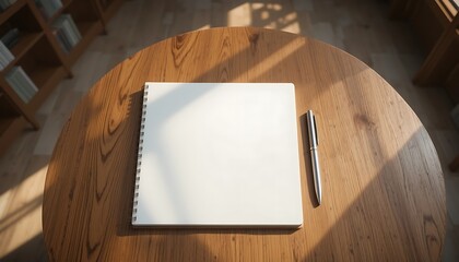 Fototapeta premium Blank Spiral Notebook and Silver Pen on Round Wooden Table in Sunlight