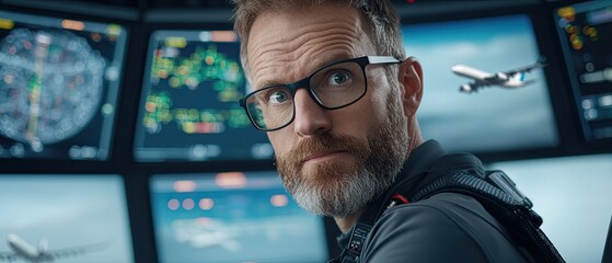 An air traffic controller overseeing and managing air traffic flight data and aircraft movements on a series of high-tech digital displays and interfaces in a modern control room setting.