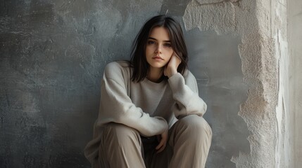 Pensive young woman seated against a textured wall.