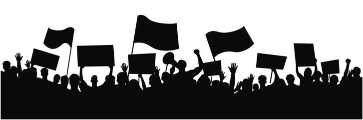 Protesters with banners and megaphones silhouettes, People holding fists up at a protest
