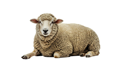 Obraz premium Resting Merino Sheep Thick Wool Coat Serene Face Lying Down Full Body Isolated White Fine Wool Breed Calm