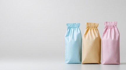 Three pastel-colored drawstring bags