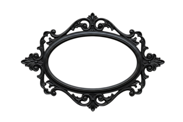 A vintage-style black wrought iron frame with intricate scrollwork holds an oval blank sign, isolated on transparent background 