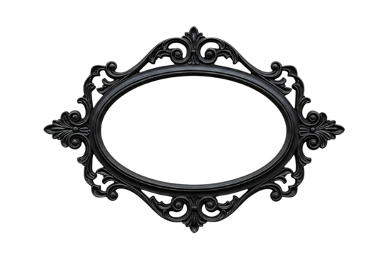 A vintage-style black wrought iron frame with intricate scrollwork holds an oval blank sign, isolated on transparent background 