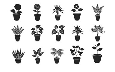 Potted Plant Silhouettes Vector Set – Decorative Flower and Leaf Shapes for Minimalist Design
