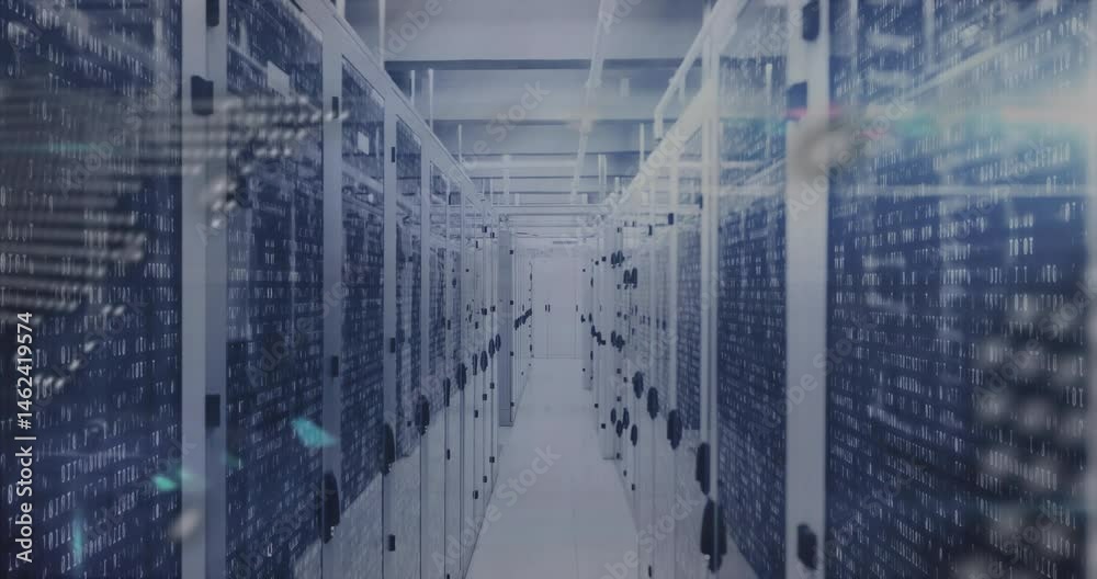 Poster 3d render data center corridor glowing under cool lights showing racks with floating binary code