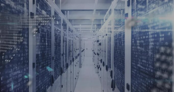 3D render data center corridor glowing under cool lights showing racks with floating binary code