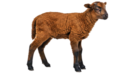 Young Cameroon Lamb Reddish-Brown Coat Dark Legs Standing Full Body Isolated White Hair Sheep Baby Animal