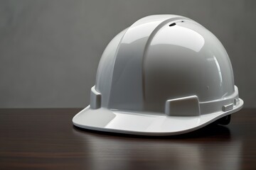 Fototapeta premium White Hard Hat on Dark Wooden Surface
