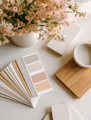 A serene workspace featuring color swatches, natural decor, and soft floral arrangements