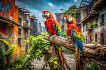 Two Parrots Perched on a Weathered Urban Tree - Stock Photo