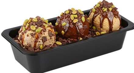 Three scoops of ice cream with chocolate drizzle and nuts