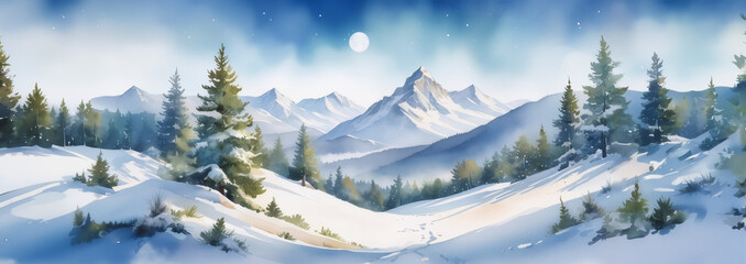 Snow-covered hills and pine trees stretch toward majestic mountains under a clear blue sky in a winter alpine scene with painterly detail and soft shadows.