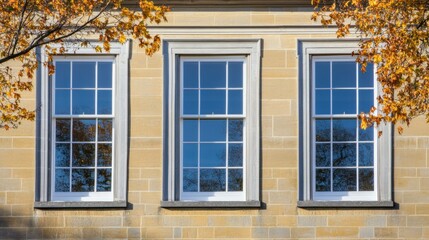 Fototapeta premium Georgian sash windows in a yellow brick wall with a blurred foreground of sunlit leaves and branches.