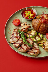 Grilled pork tenderloin with roasted potatoes, zucchini, mushrooms, and tomato on red background