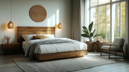 Serene minimalist bedroom, sunlight, autumn view