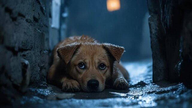 Sad puppy lying on wet ground in dark alley with soft light creating a dramatic atmosphere for emotional impact 4k video footage