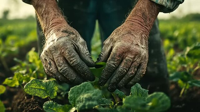 Hands of a farmer tending to young plants in a field with care and dedication