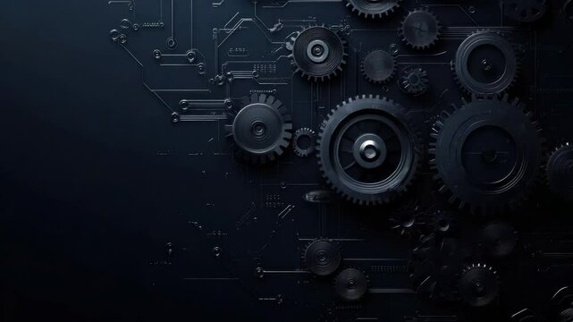 Abstract dark background featuring intricate mechanical gears and circuit patterns in a high-tech and futuristic design 4k video footage